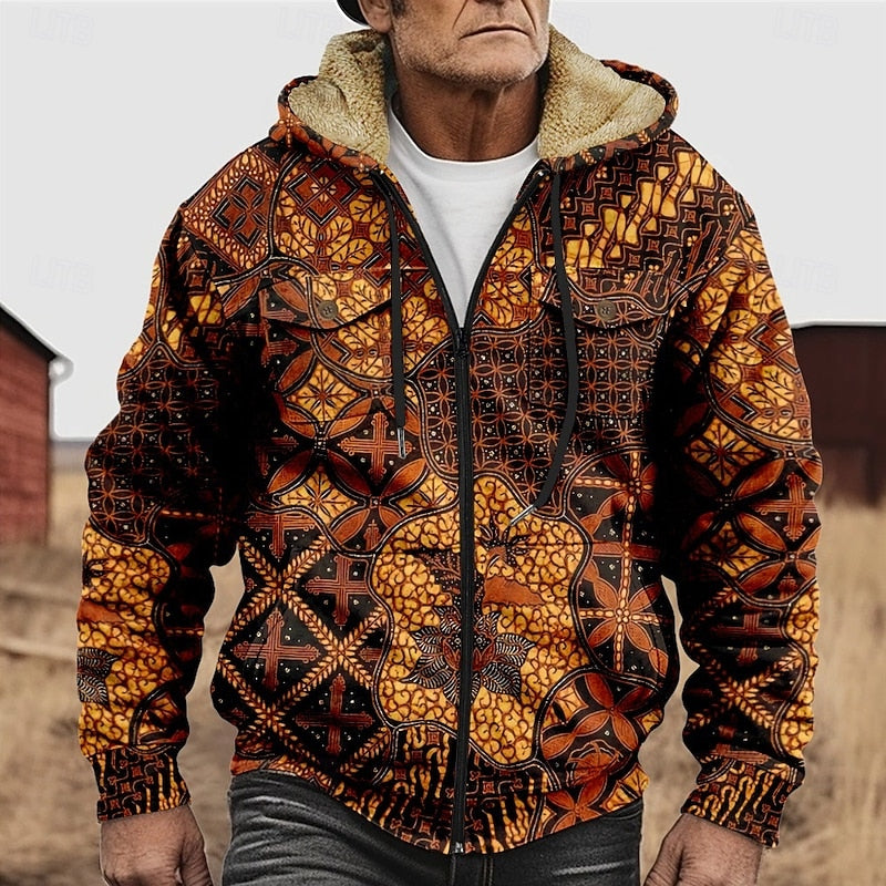 Men's Heritage Print Hooded Jacket with Lined Body and Full Zip - Orange