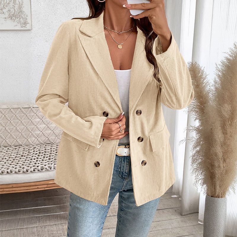 Women's Hip-Length Oversized Corduroy Blazer with Notched Lapels - Apricot