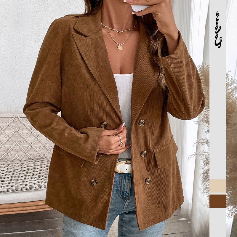 Women's Hip-Length Oversized Corduroy Blazer with Notched Lapels