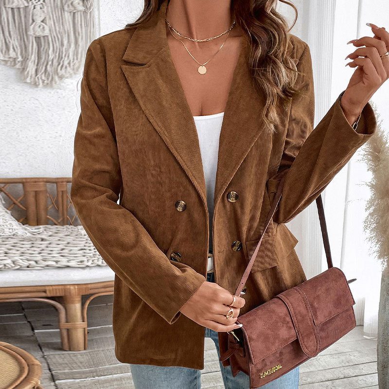 Women's Hip-Length Oversized Corduroy Blazer with Notched Lapels