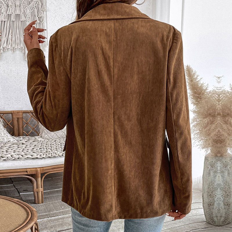 Women's Hip-Length Oversized Corduroy Blazer with Notched Lapels