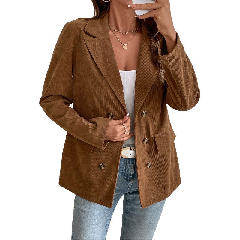 Women's Hip-Length Oversized Corduroy Blazer with Notched Lapels