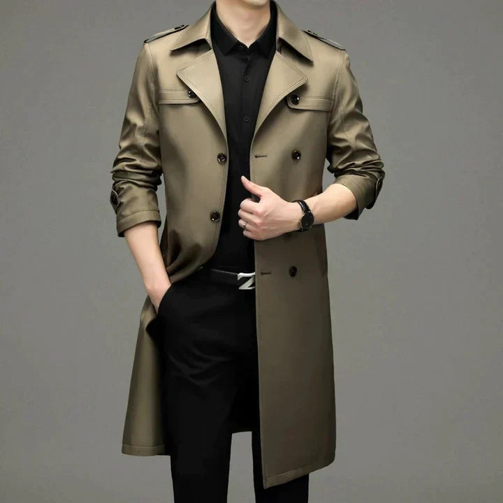 Men's Straight Longline Trench Coat with Shoulder Epaulettes - Khaki