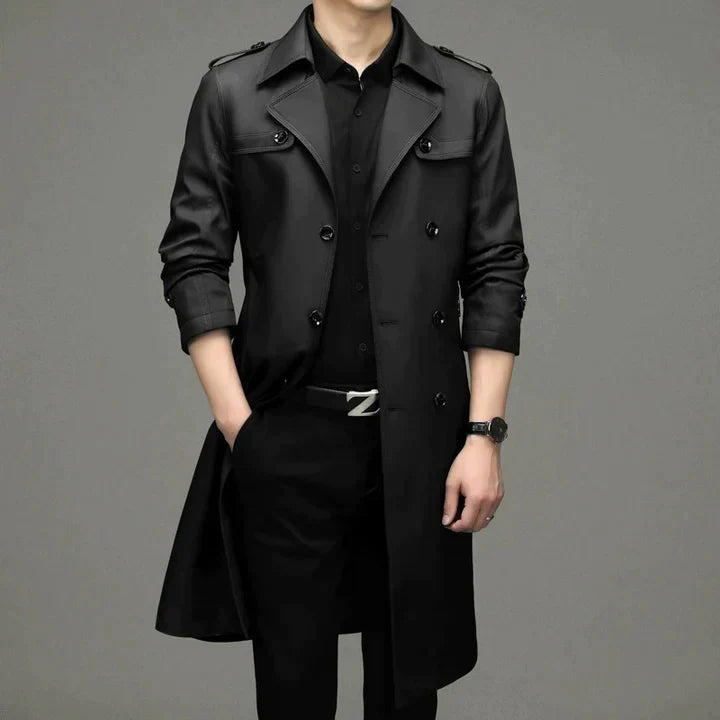 Men's Straight Longline Trench Coat with Shoulder Epaulettes - Black