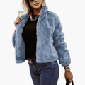 Women's Full-Zip Faux Fur Bomber Jacket with Cropped Fit - Blue