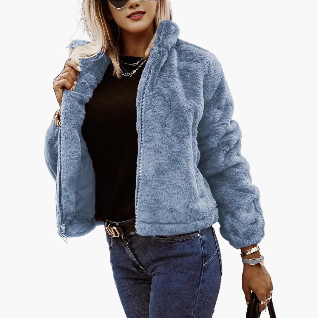 Women's Full-Zip Faux Fur Bomber Jacket with Cropped Fit - Blue