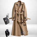 Women's Relaxed Notch-Collar Midi Trench Coat with Tie Belt - Khaki