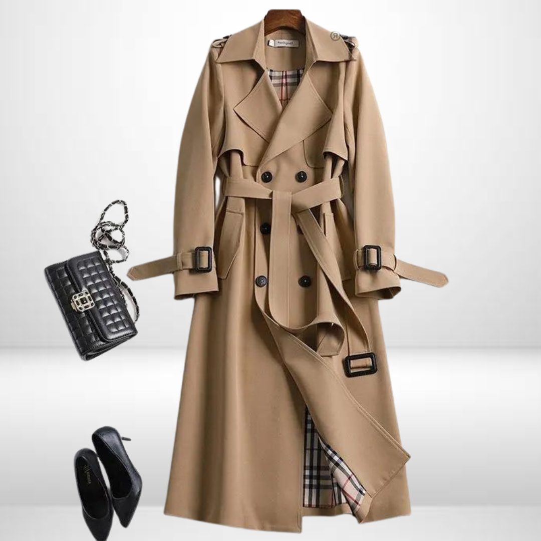 Women's Relaxed Notch-Collar Midi Trench Coat with Tie Belt - Khaki