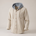 Men's Relaxed Corduroy Hoodie with Buttoned Front and Reinforced Cuffs - Beige