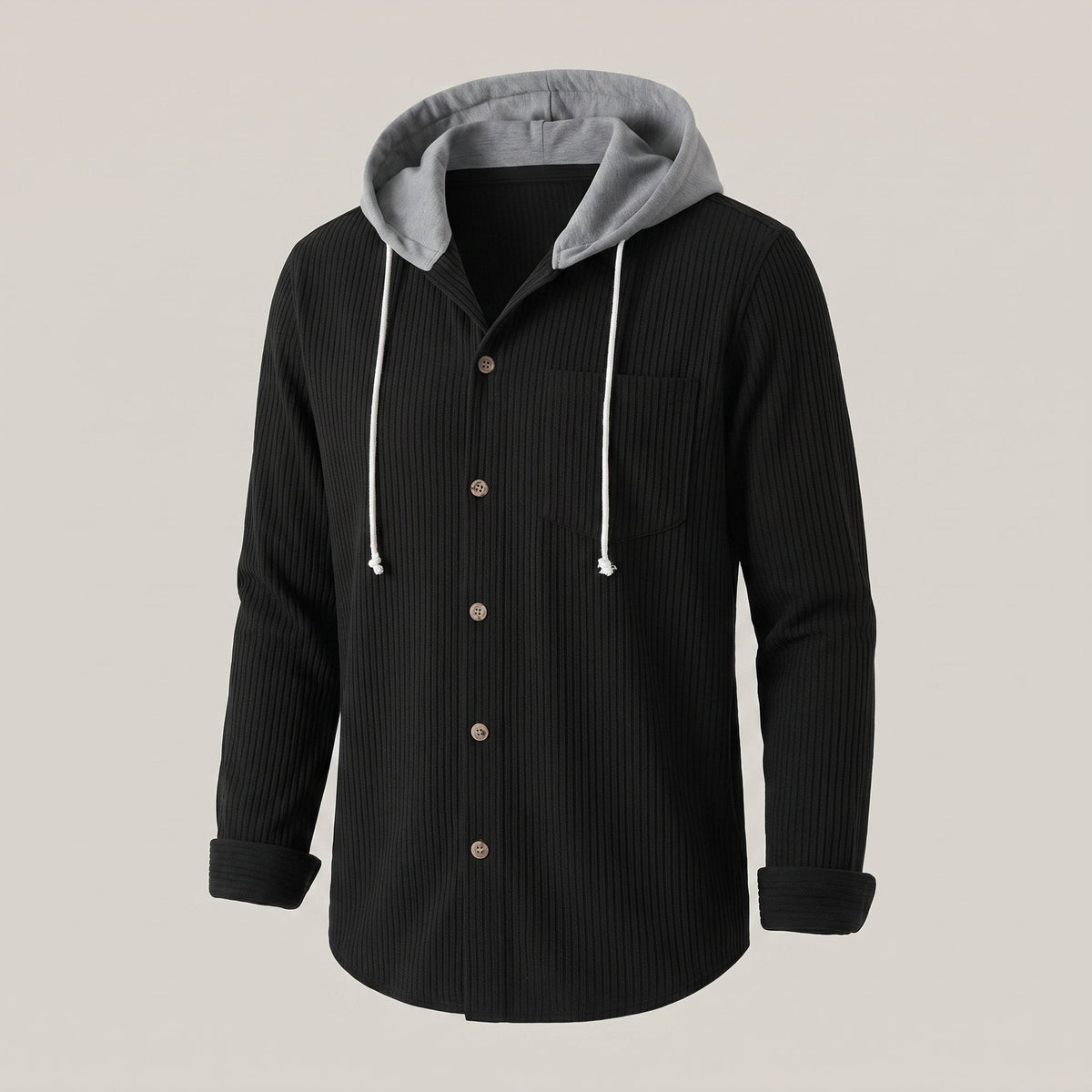 Men's Relaxed Corduroy Hoodie with Buttoned Front and Reinforced Cuffs - Black
