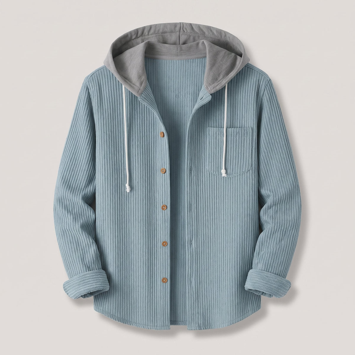 Men's Relaxed Corduroy Hoodie with Buttoned Front and Reinforced Cuffs - Sky Blue