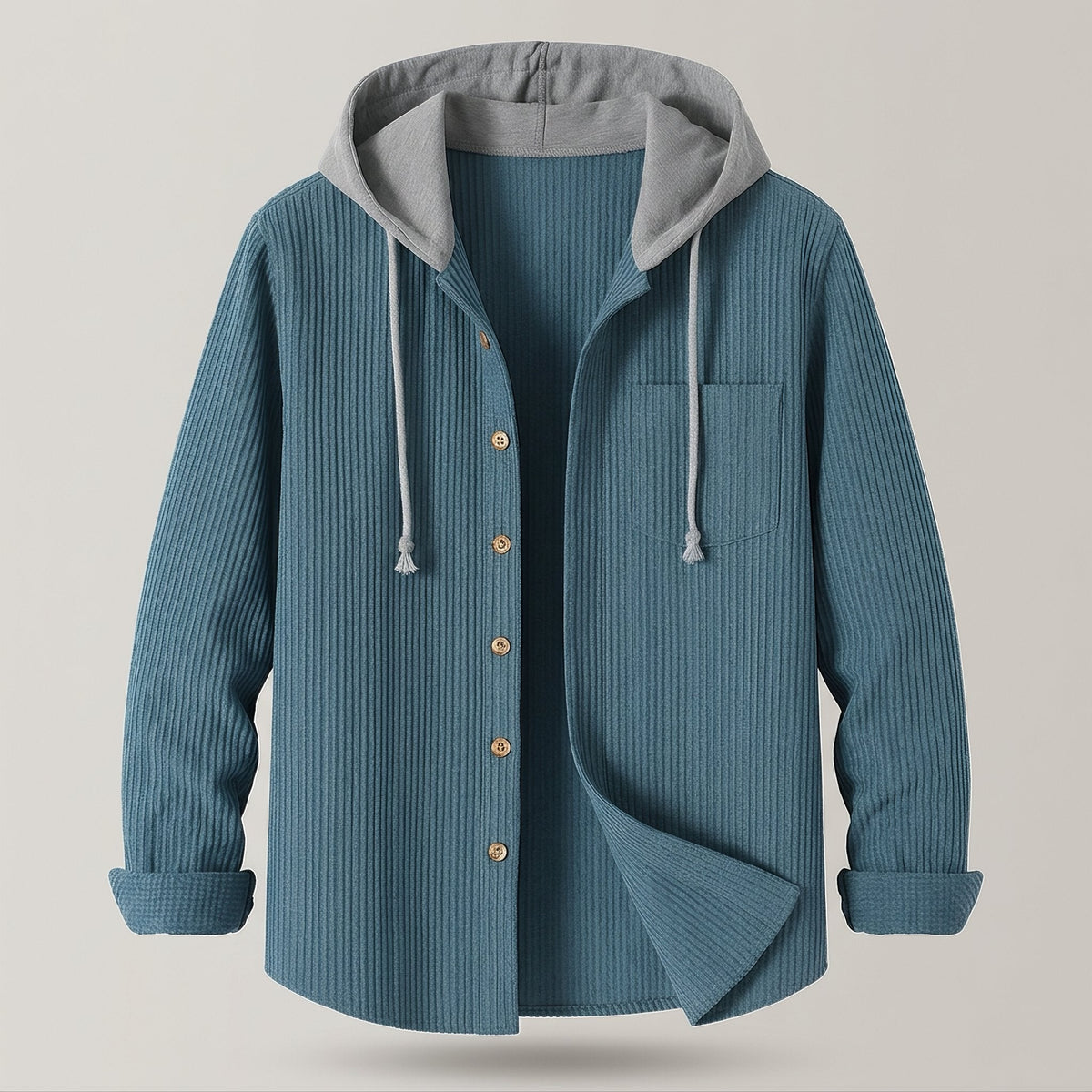 Men's Relaxed Corduroy Hoodie with Buttoned Front and Reinforced Cuffs - Teal