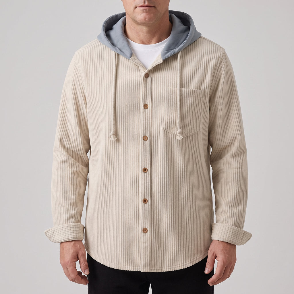 Men's Relaxed Corduroy Hoodie with Buttoned Front and Reinforced Cuffs