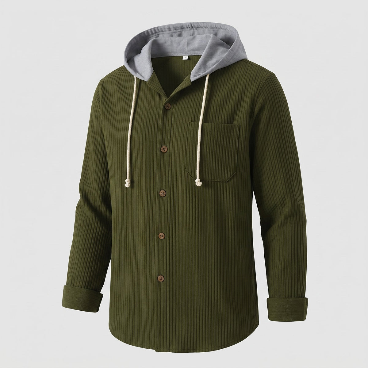 Men's Relaxed Corduroy Hoodie with Buttoned Front and Reinforced Cuffs - Army Green