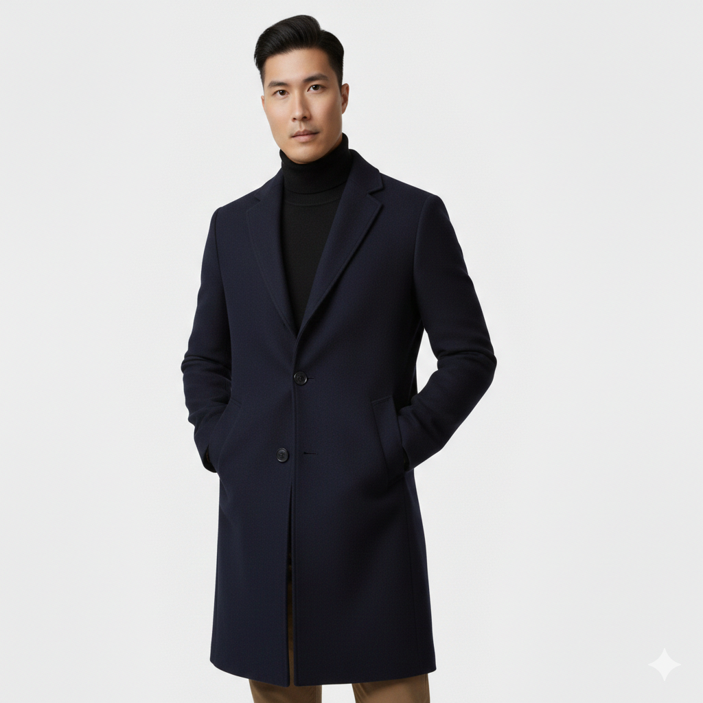Men's Knee-Length Slim Dress Coat with Single-Breasted Front - Dark Blue