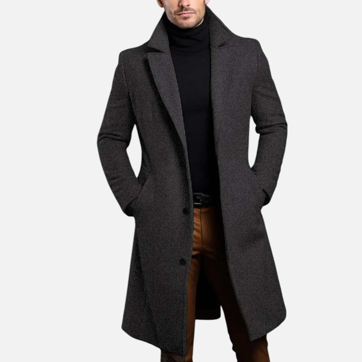 Men's Knee-Length Slim Dress Coat with Single-Breasted Front - Dark Gray