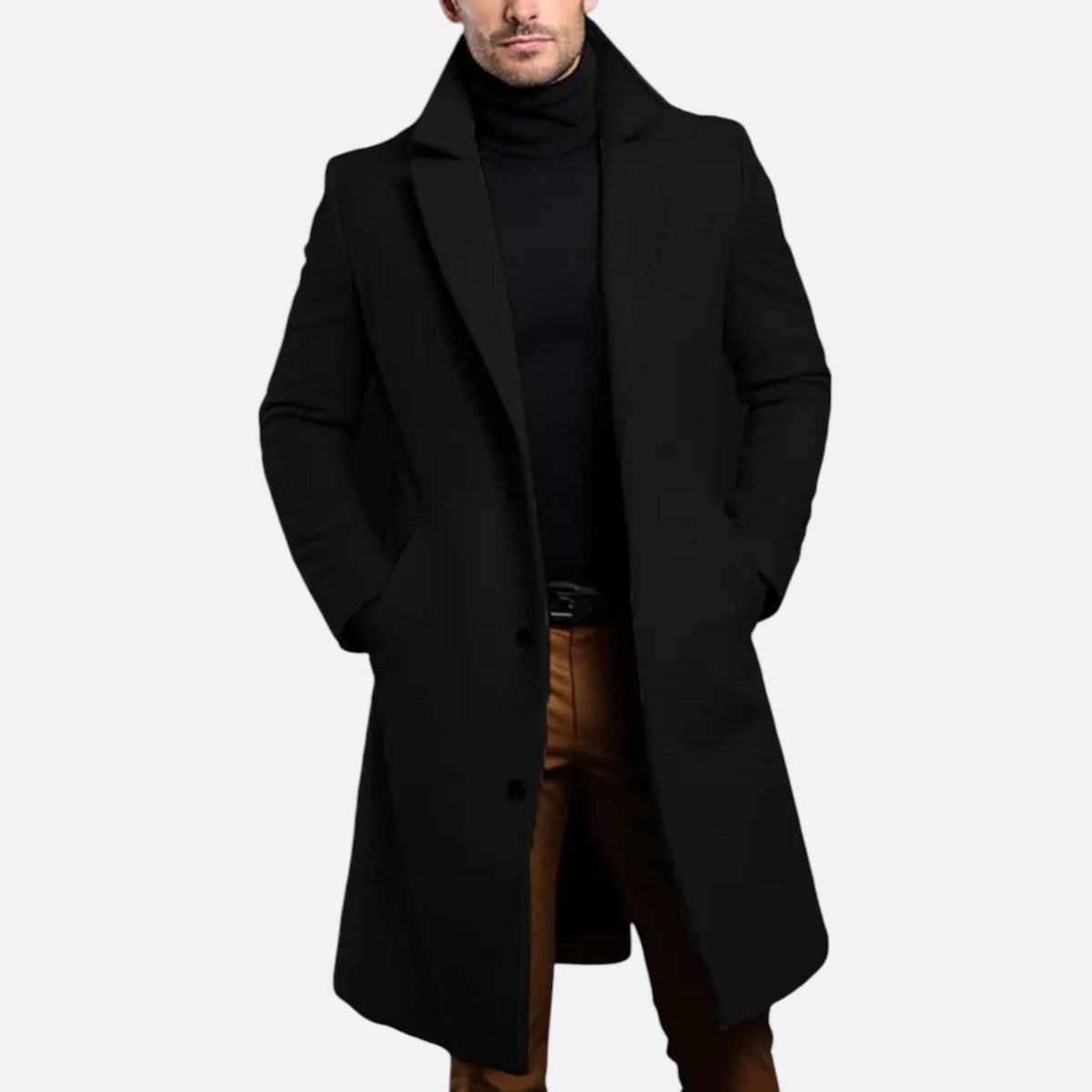 Men's Knee-Length Slim Dress Coat with Single-Breasted Front - Black