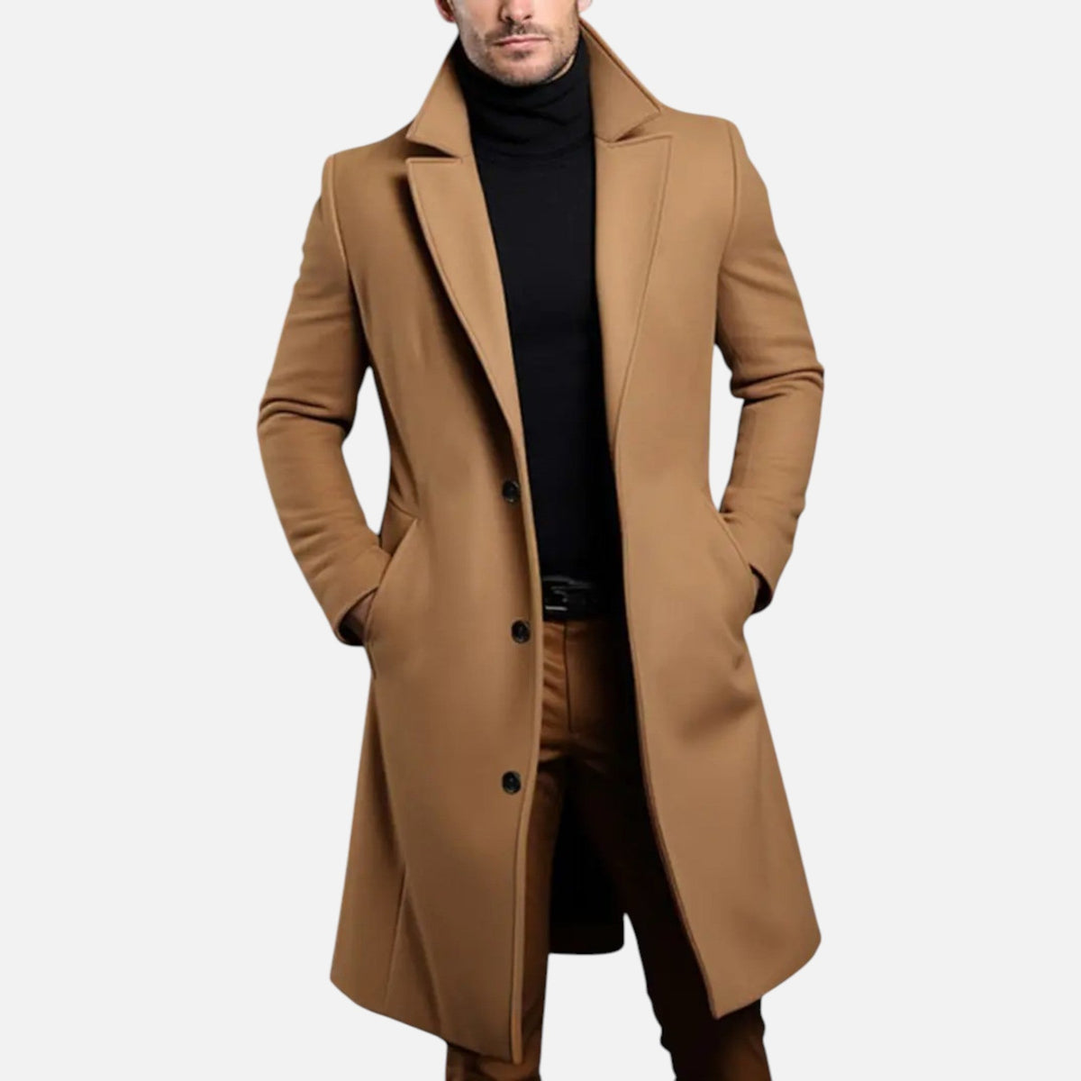 Men's Knee-Length Slim Dress Coat with Single-Breasted Front - Khaki