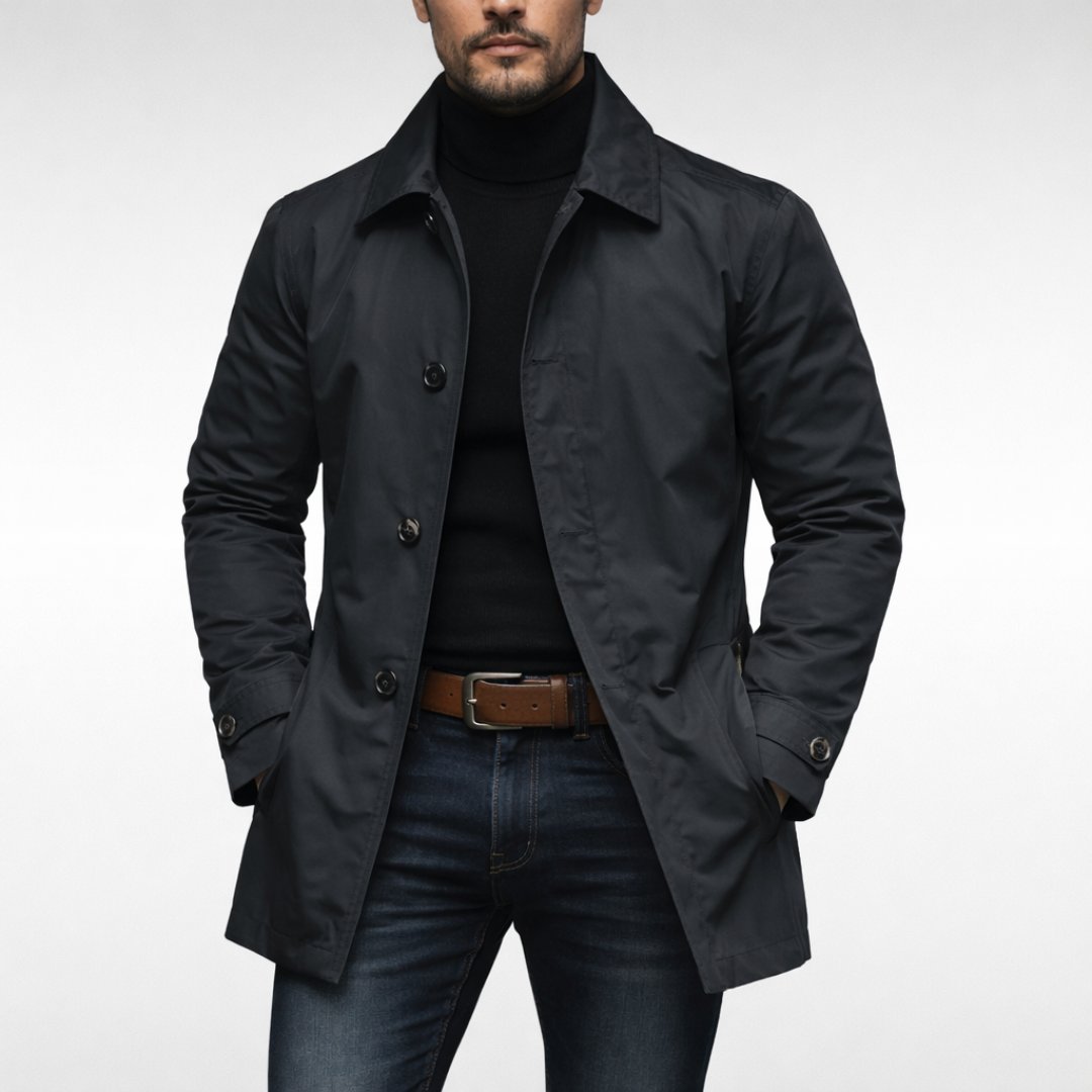 Men's Balmacaan Trench Coat for Rainy Commutes - Black