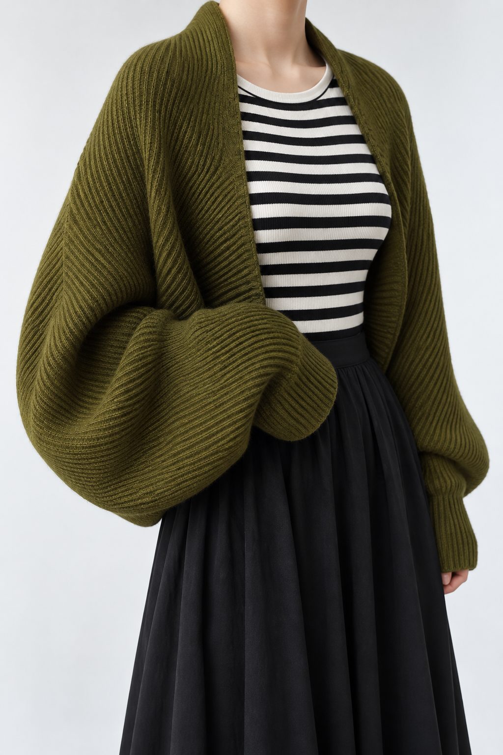 Women's Oversized Open-Front Cardigan in Lightweight Rib Knit - Olive