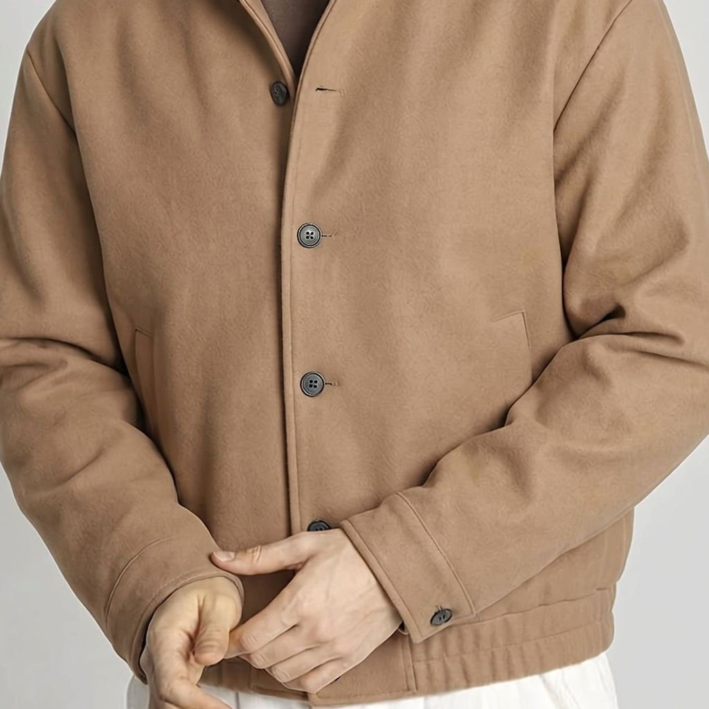 Men's Buttoned Stand-Collar Bomber with Ribbed Cuffs and Patch Pockets - Khaki