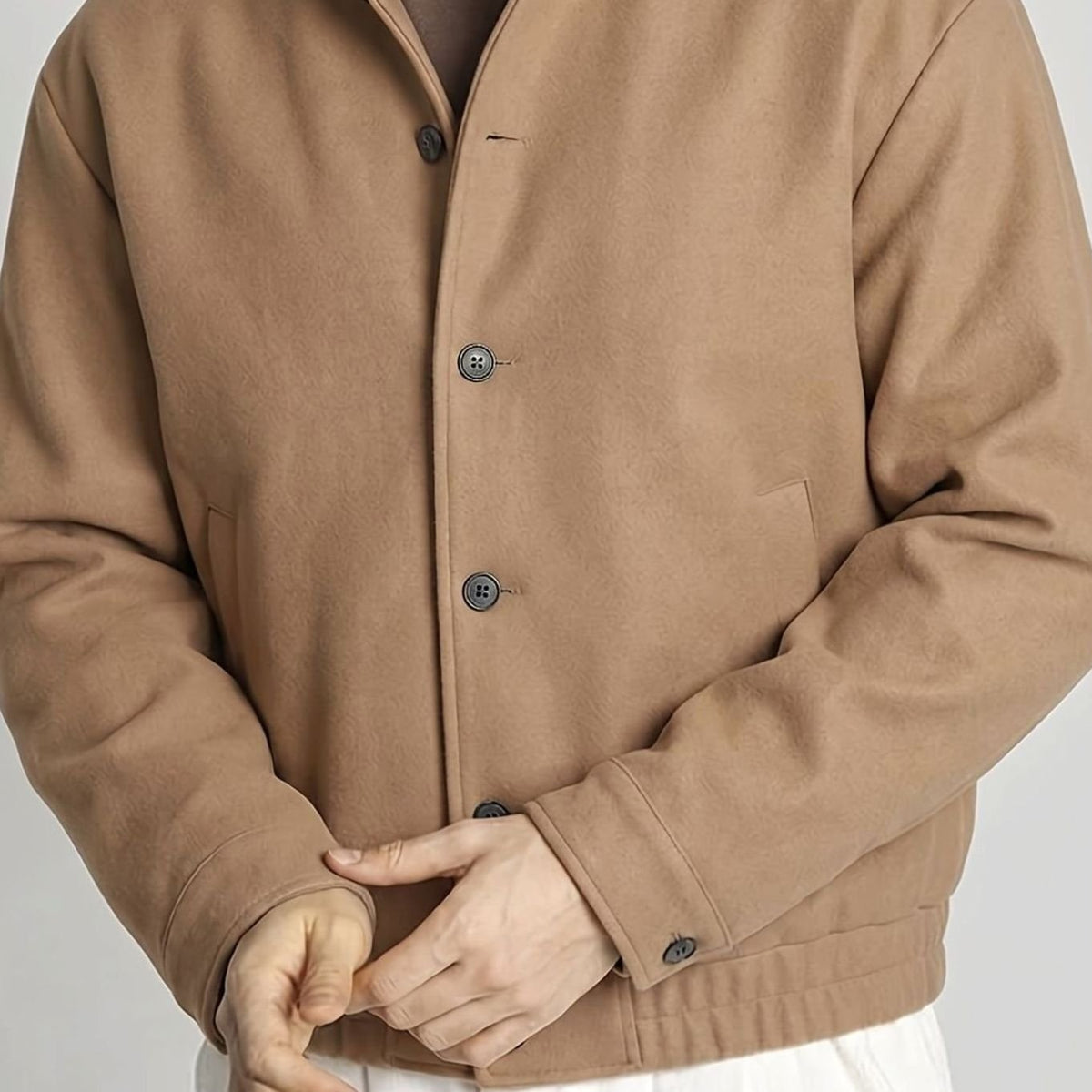 Men's Buttoned Stand-Collar Bomber with Ribbed Cuffs and Patch Pockets - Khaki