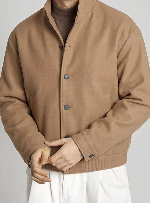 Men's Buttoned Stand-Collar Bomber with Ribbed Cuffs and Patch Pockets