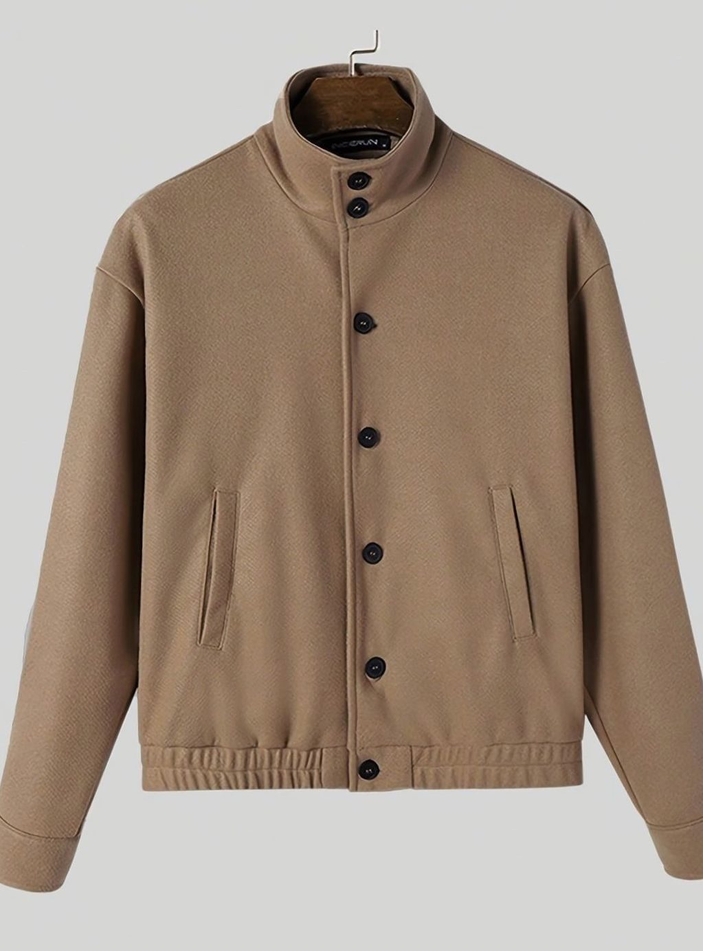 Men's Buttoned Stand-Collar Bomber with Ribbed Cuffs and Patch Pockets