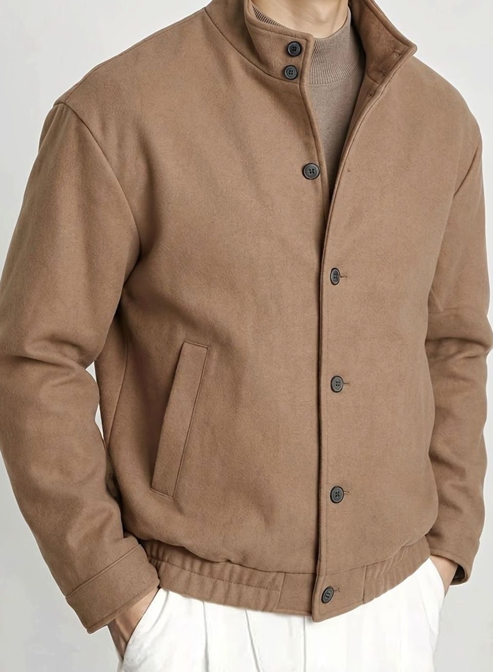 Men's Buttoned Stand-Collar Bomber with Ribbed Cuffs and Patch Pockets