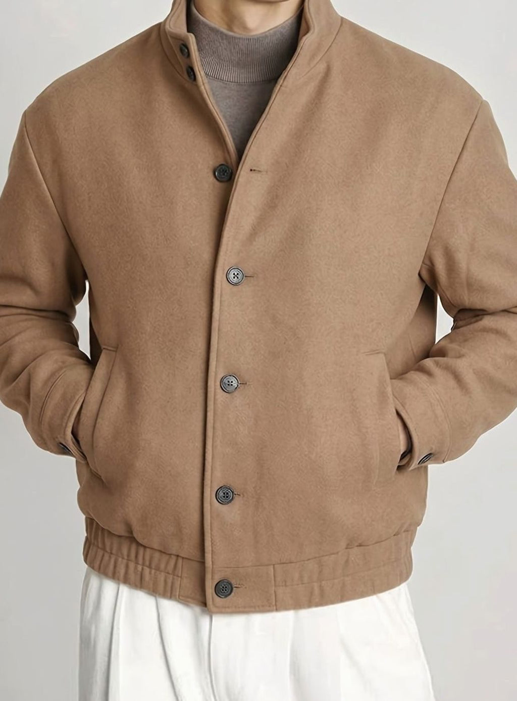 Men's Buttoned Stand-Collar Bomber with Ribbed Cuffs and Patch Pockets