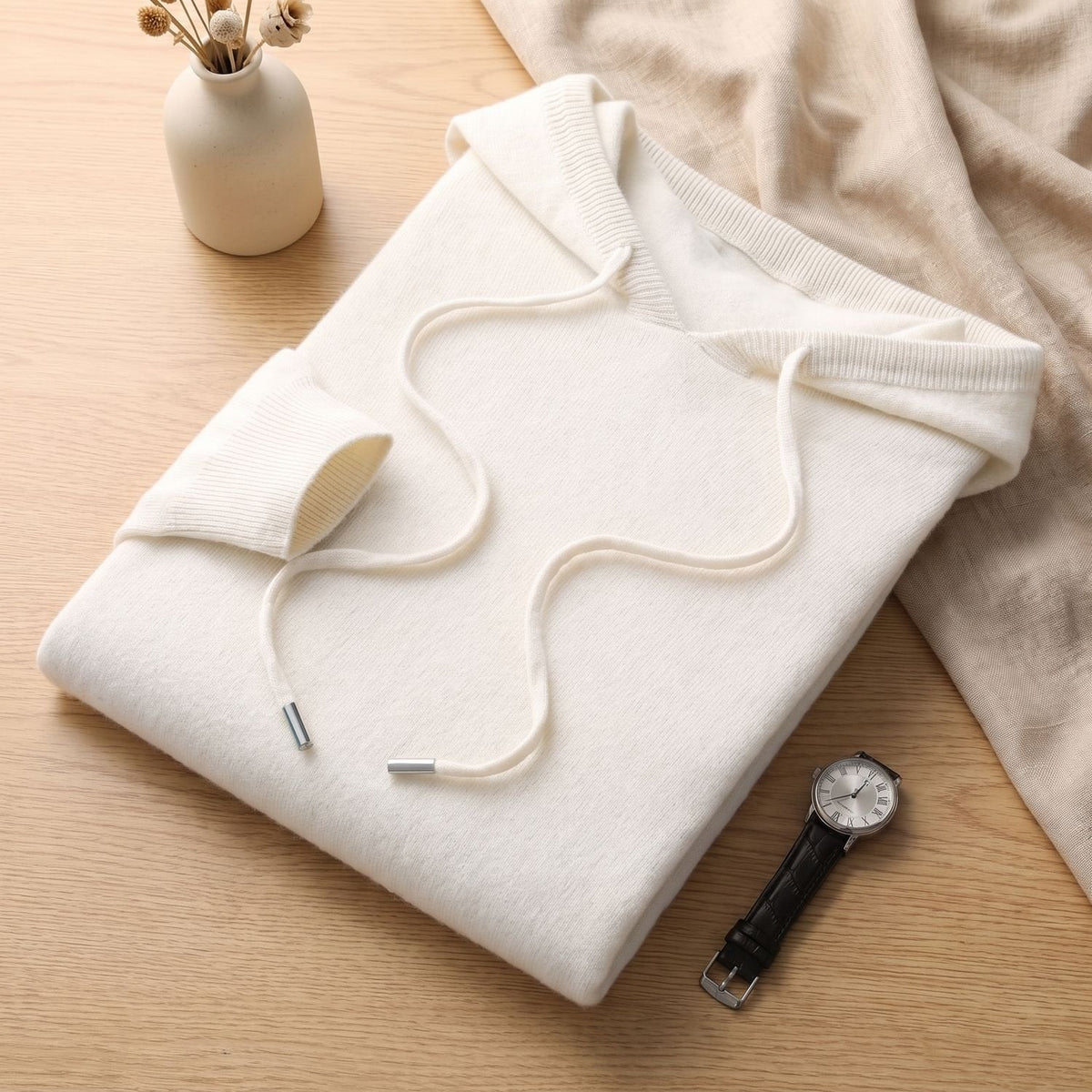 Men's Hooded Soft Knit Sweater for Relaxed Layering - White