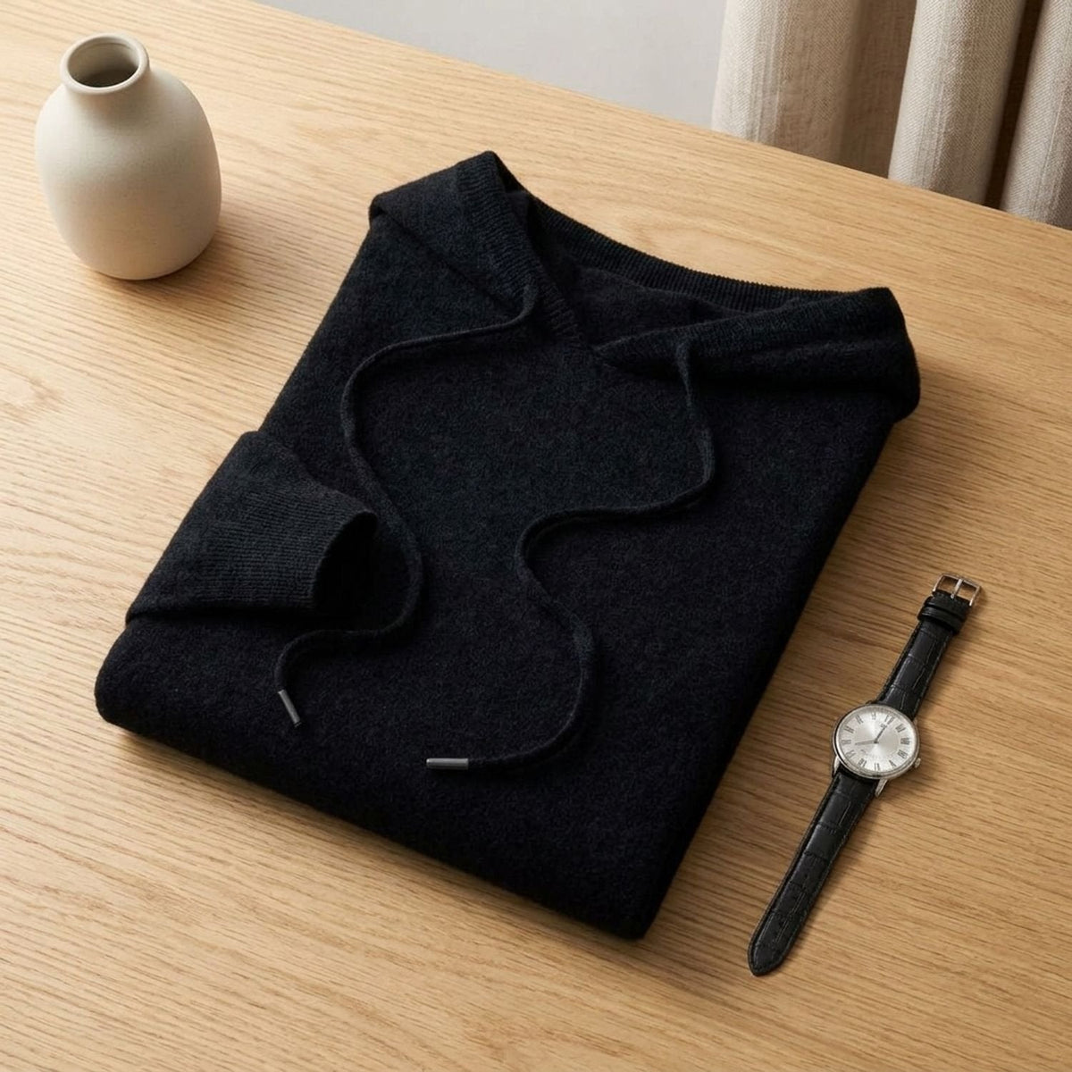Men's Hooded Soft Knit Sweater for Relaxed Layering - Black