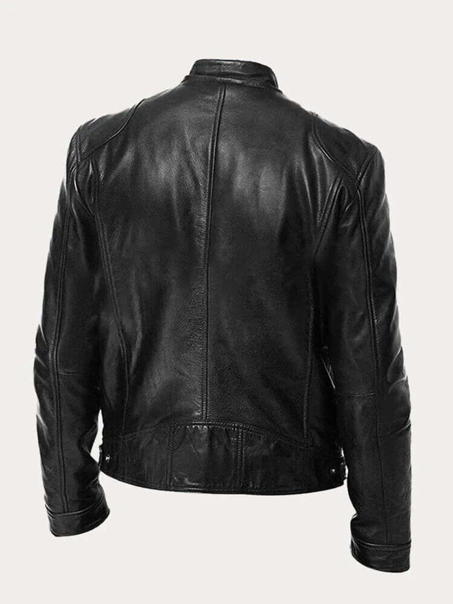 Men's Real Leather Motorcycle Jacket with Snap Stand Collar