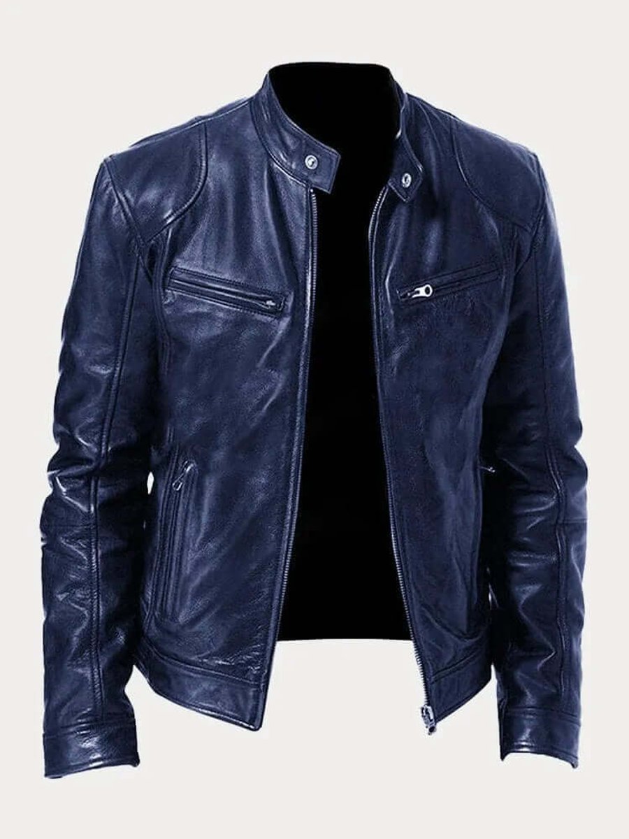 Men's Real Leather Motorcycle Jacket with Snap Stand Collar - Dark Blue
