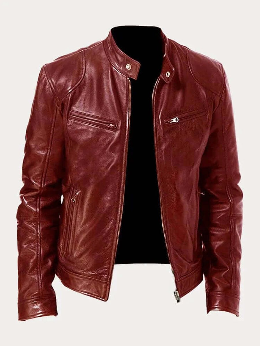 Men's Real Leather Motorcycle Jacket with Snap Stand Collar - Burgundy