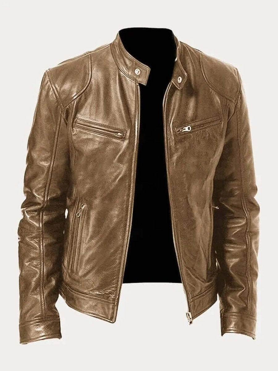 Men's Real Leather Motorcycle Jacket with Snap Stand Collar - Khaki