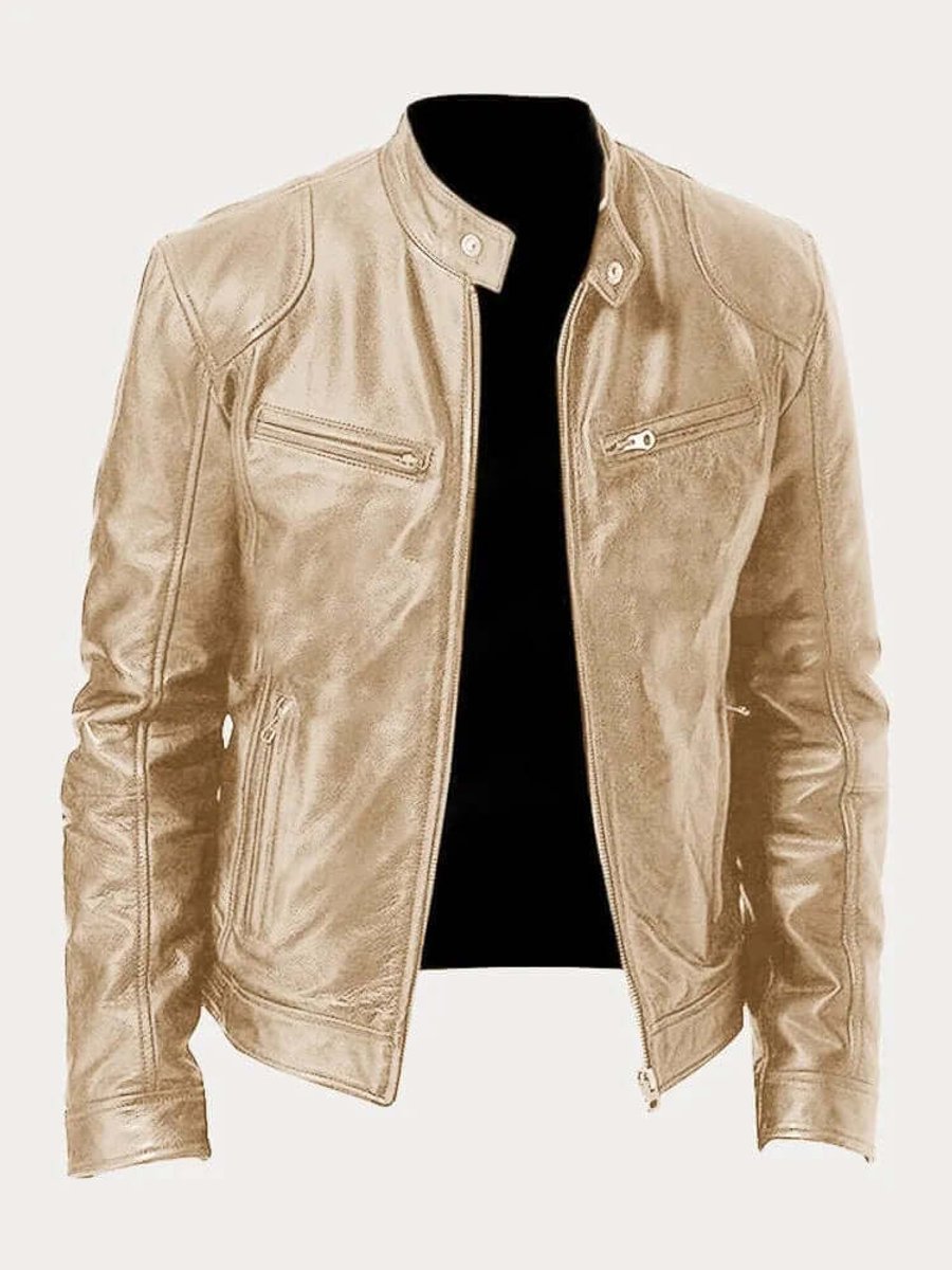 Men's Real Leather Motorcycle Jacket with Snap Stand Collar - Gold