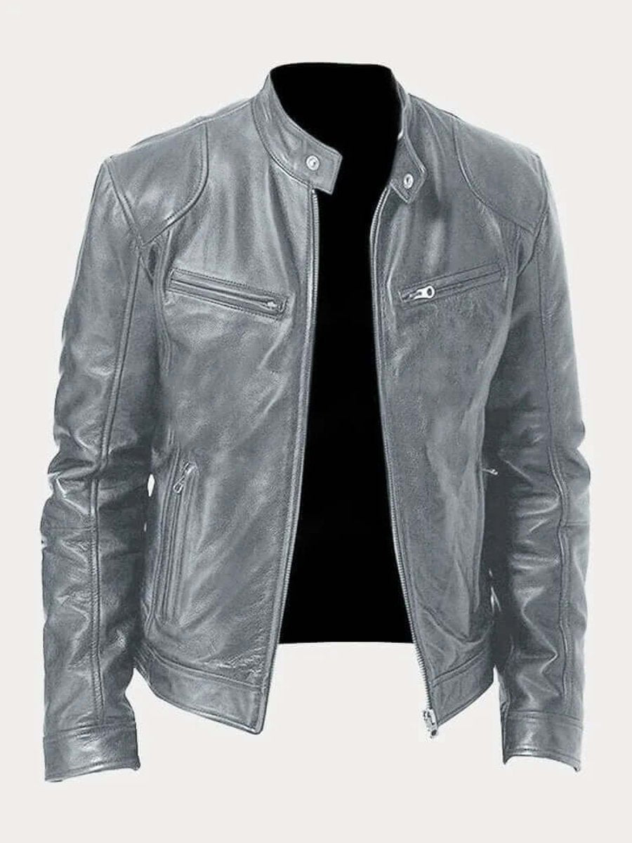 Men's Real Leather Motorcycle Jacket with Snap Stand Collar - Gray