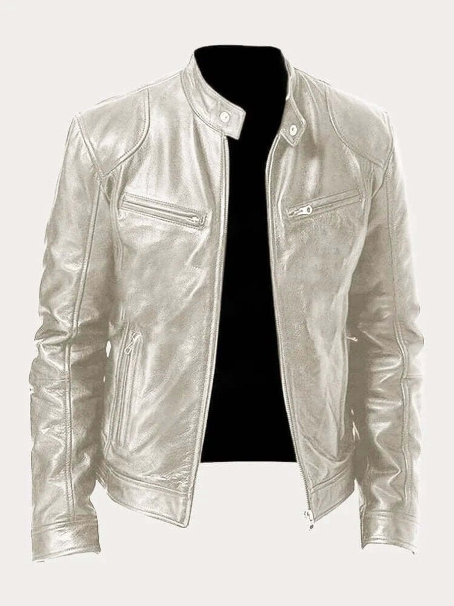 Men's Real Leather Motorcycle Jacket with Snap Stand Collar - Silver