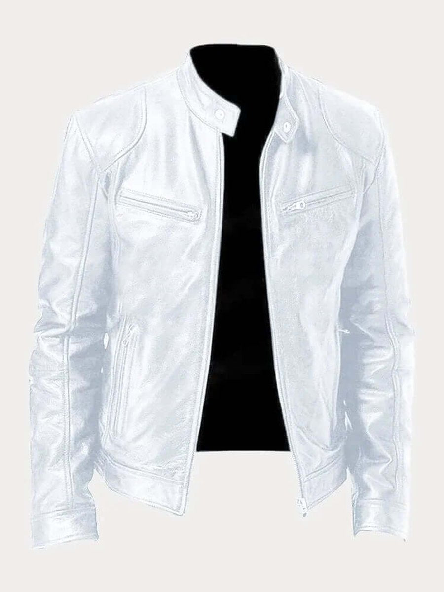 Men's Real Leather Motorcycle Jacket with Snap Stand Collar - White