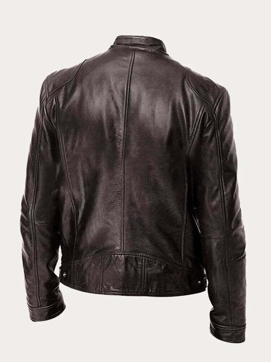 Men's Real Leather Motorcycle Jacket with Snap Stand Collar