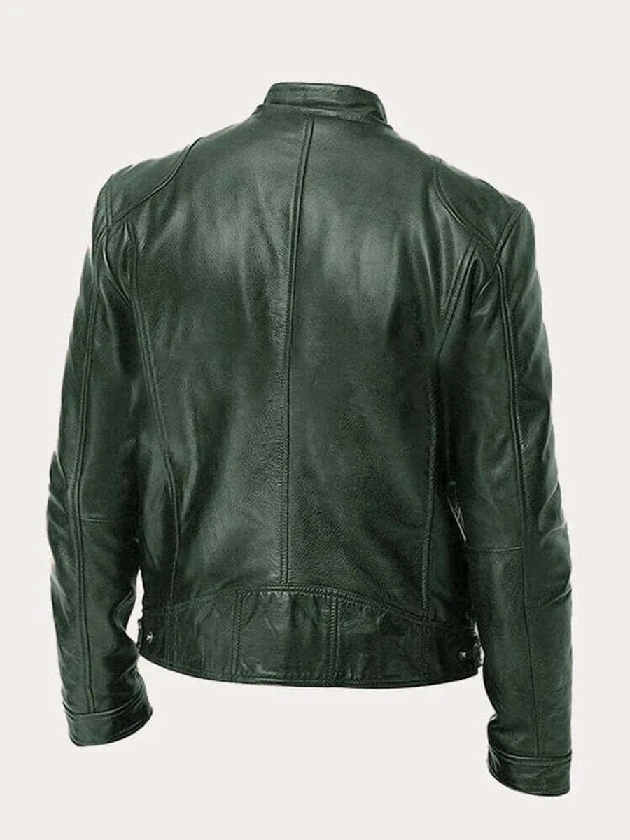 Men's Real Leather Motorcycle Jacket with Snap Stand Collar