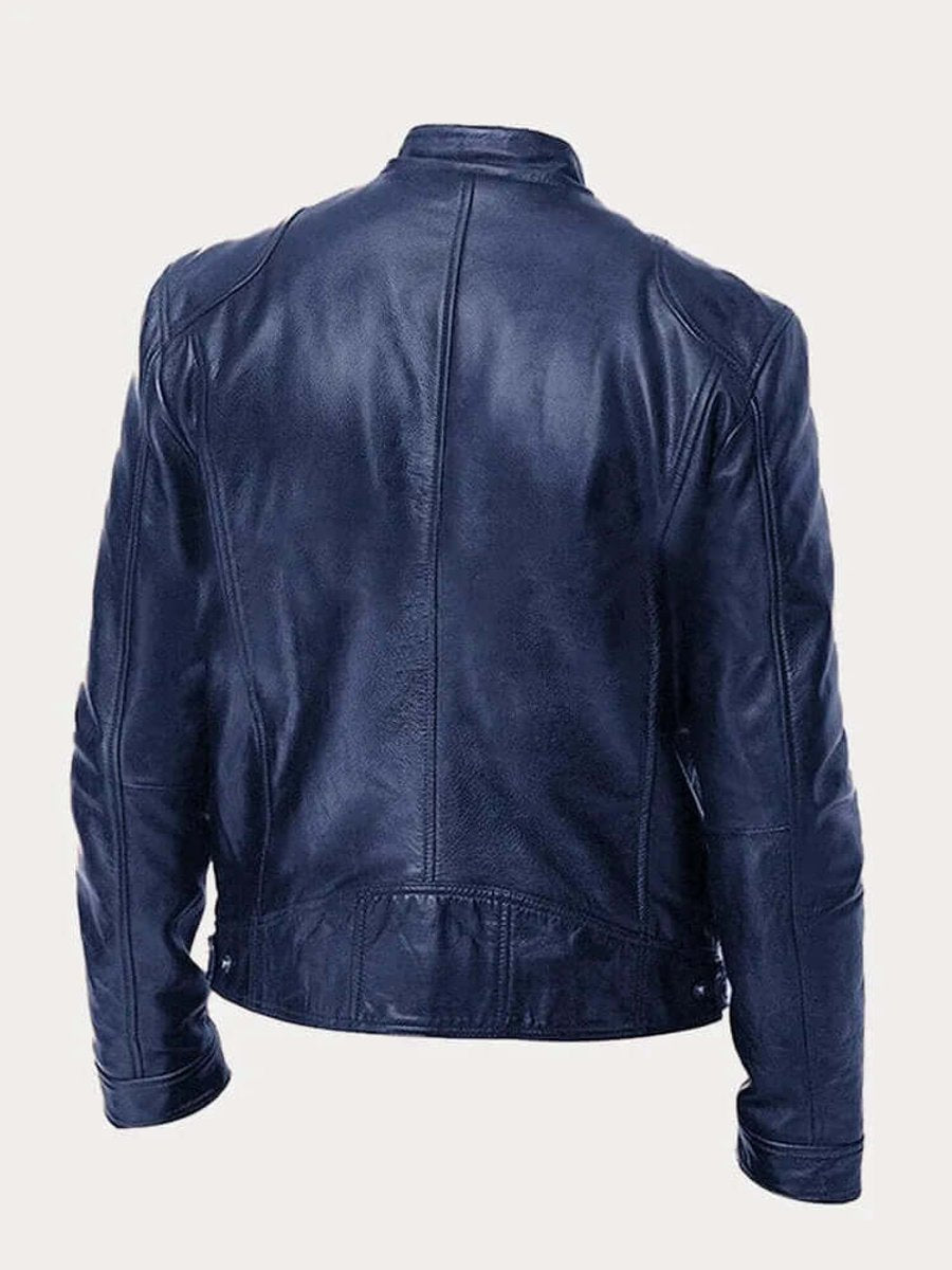 Men's Real Leather Motorcycle Jacket with Snap Stand Collar