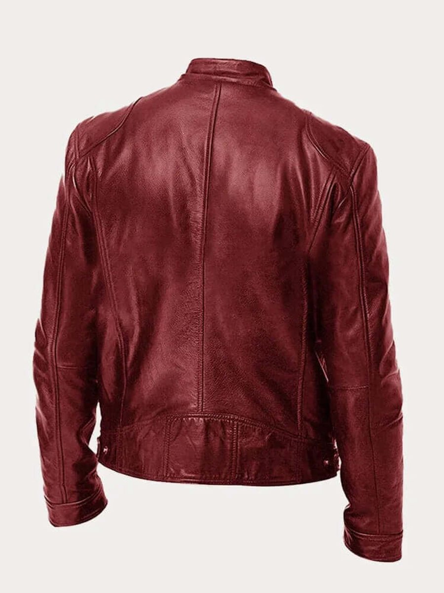 Men's Real Leather Motorcycle Jacket with Snap Stand Collar