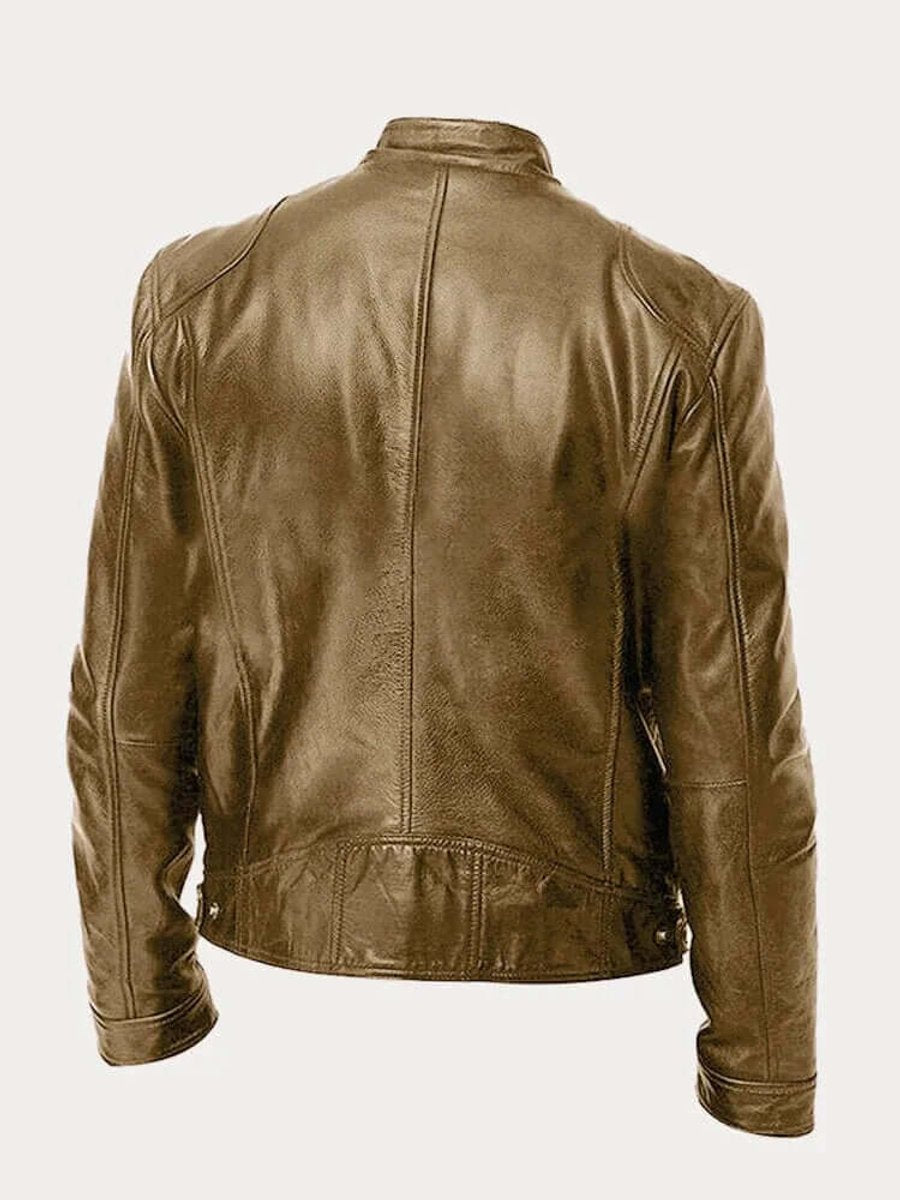 Men's Real Leather Motorcycle Jacket with Snap Stand Collar