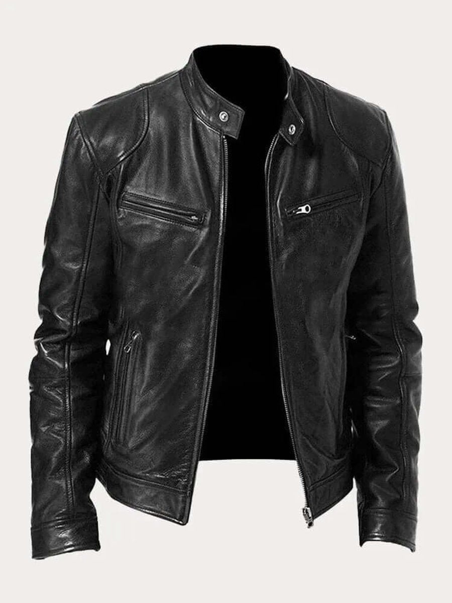 Men's Real Leather Motorcycle Jacket with Snap Stand Collar - Black