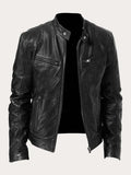 Men's Real Leather Motorcycle Jacket with Snap Stand Collar - Black