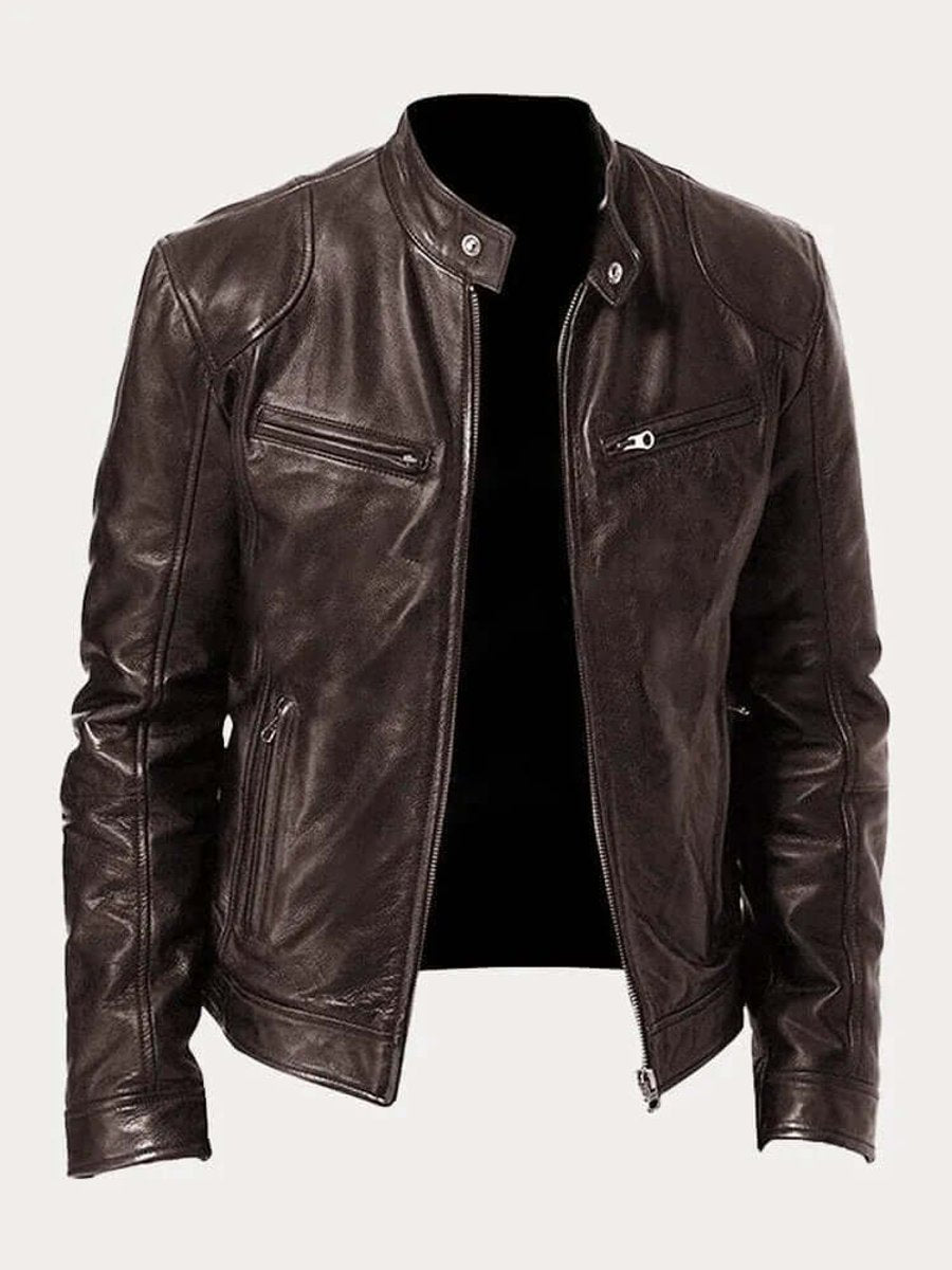 Men's Real Leather Motorcycle Jacket with Snap Stand Collar - Brown
