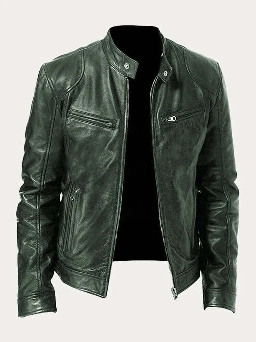 Men's Real Leather Motorcycle Jacket with Snap Stand Collar - Military Green