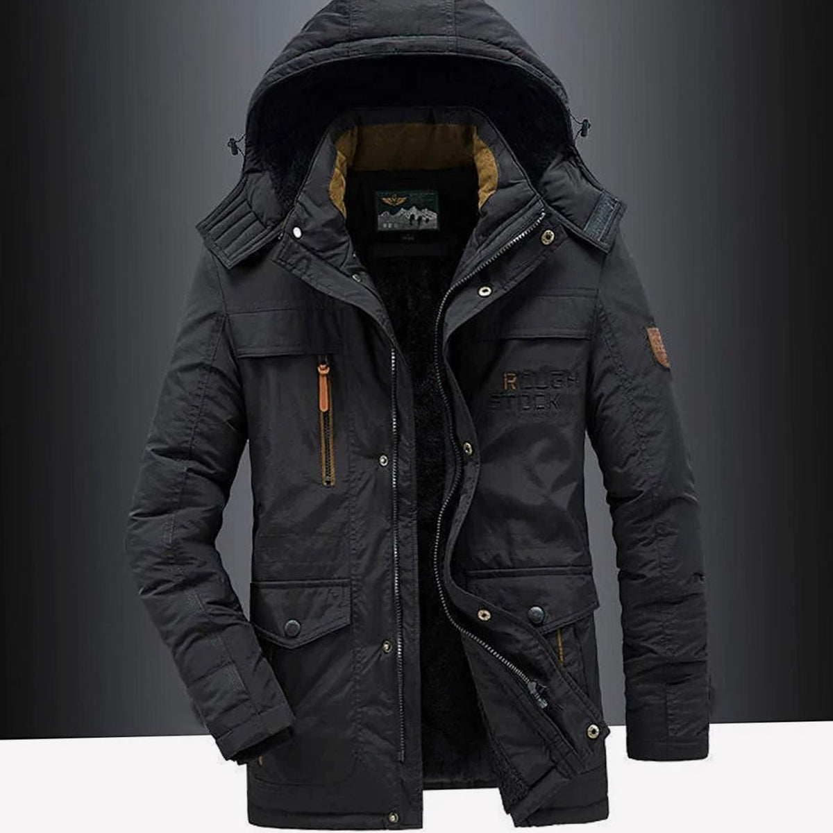 Men's Heavy-Duty Sherpa Hooded Work Jacket with Storm Placket - Black